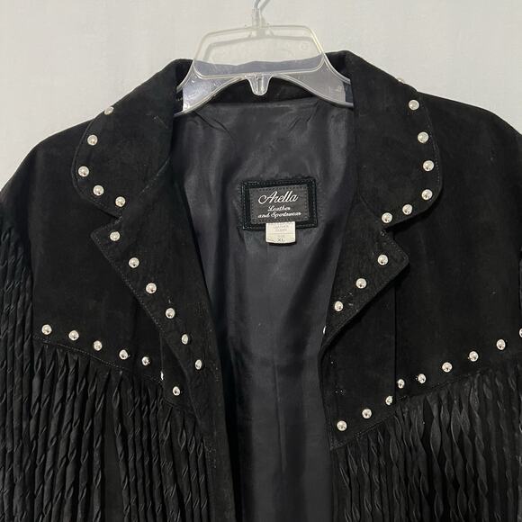 Vintage Arella Women’s Western Fringed Suede Leather Jacket XL Black Studs Rodeo - Picture 3 of 16